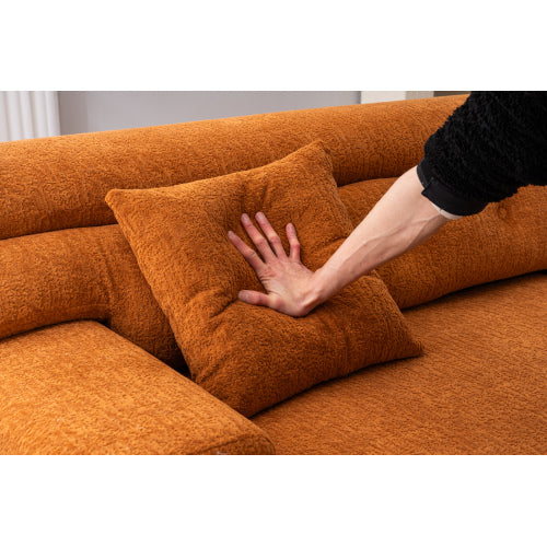 Orange 4-Seater Compression Sofa with Wood Grain Chenille & 2 Pillows