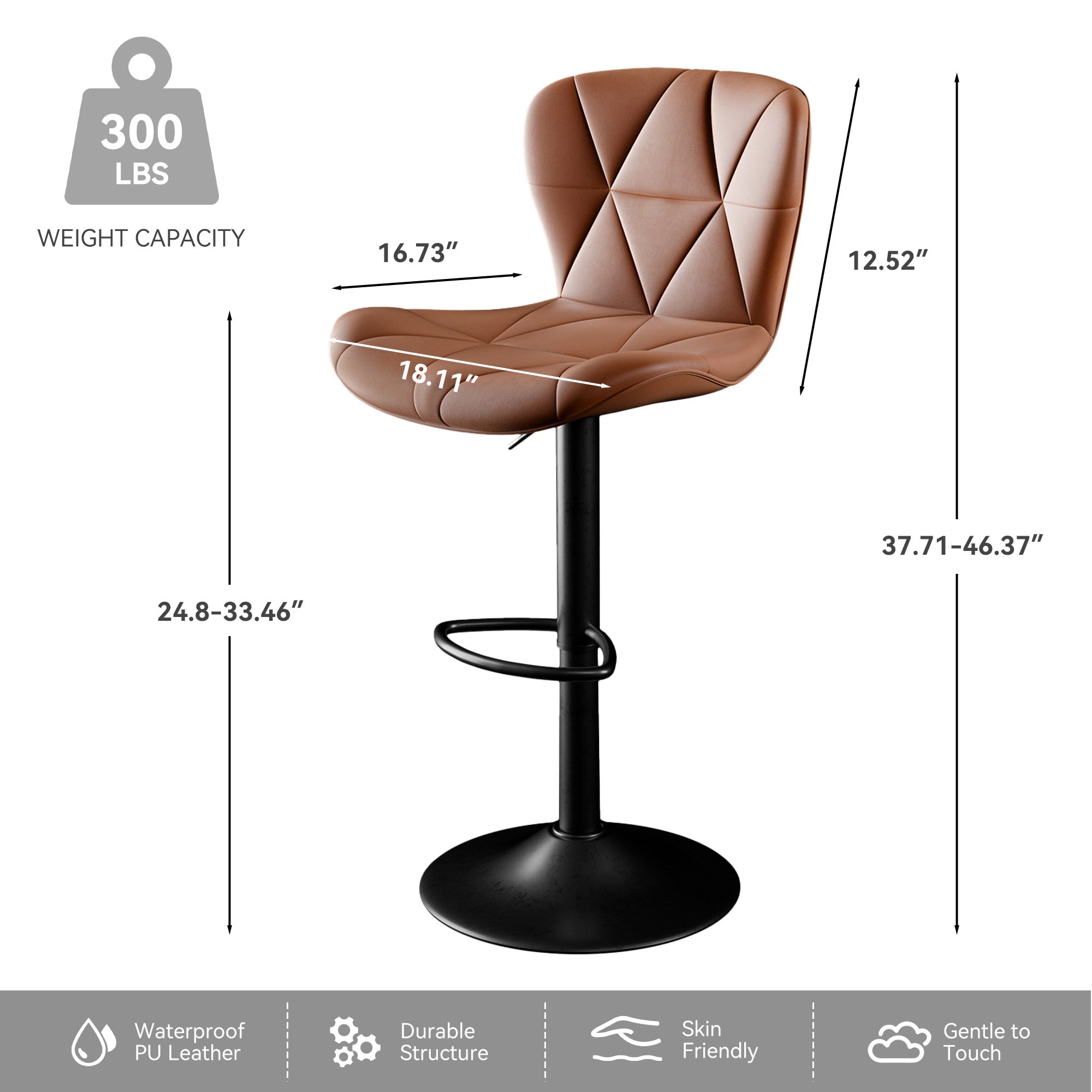 Modern Bar Stools Set Of 2, Adjustable Faux Leather Upholstered Swivel Bar Stools, Counter Height Bar Chairs With Back For Kitchen Island