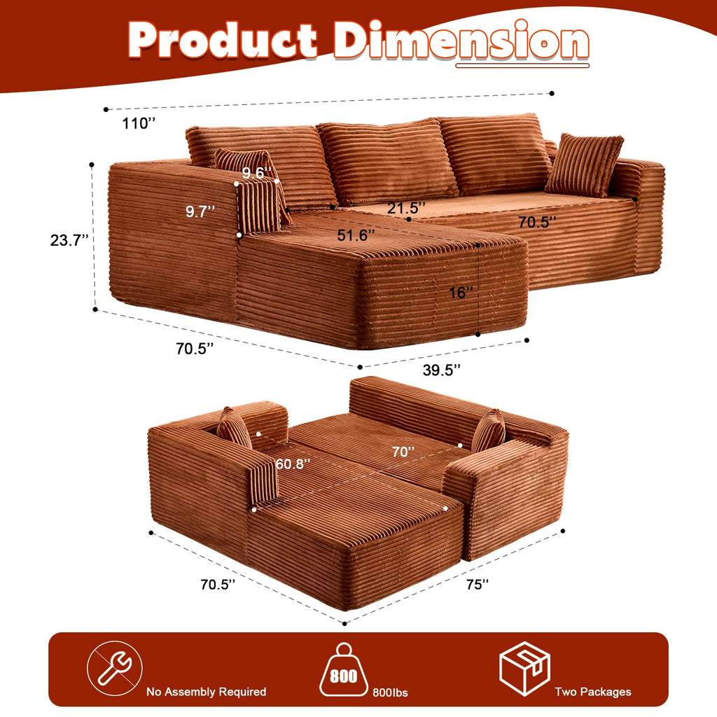 Brown Corduroy L-Shaped Modular Sectional Sofa with Chaise & Deep Seat