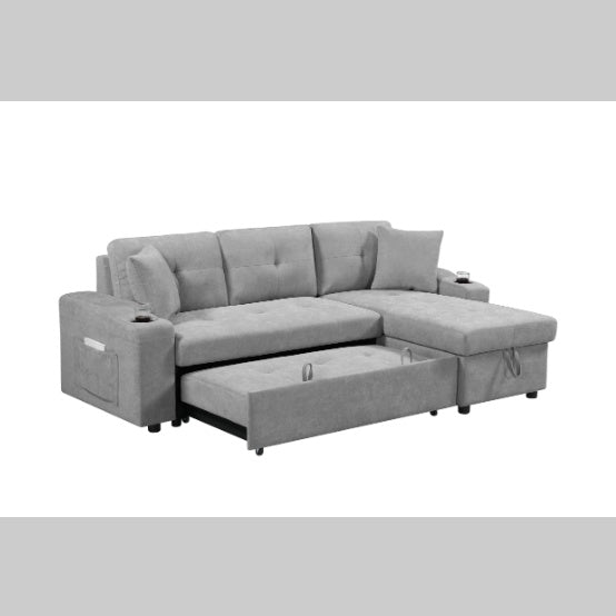 Light Grey Convertible Sectional Sofa with Armrest Storage & Pull-Out Bed