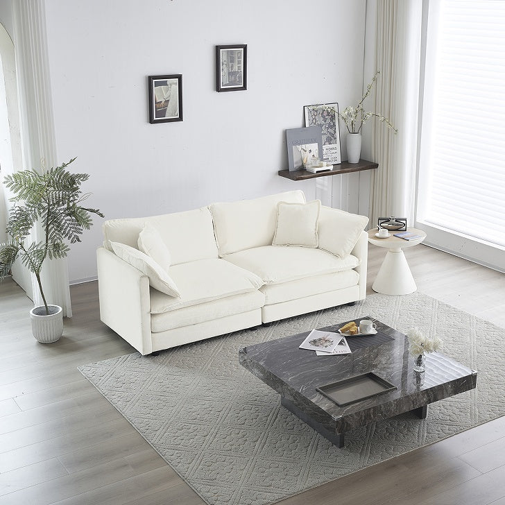 Modern Fabric Double Sofa with 4 Pillows, White Chenille Loveseat Sofa Couch