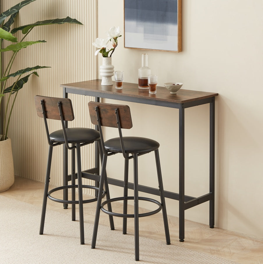 Bar Table Set With 2 Stools, PU Soft Seat, Rustic Brown, 43.3L X 15.75W X 35H