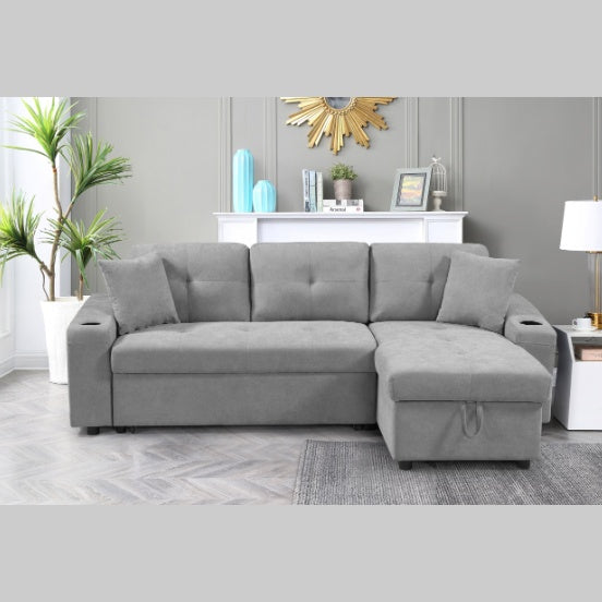 Light Grey Convertible Sectional Sofa with Armrest Storage & Pull-Out Bed