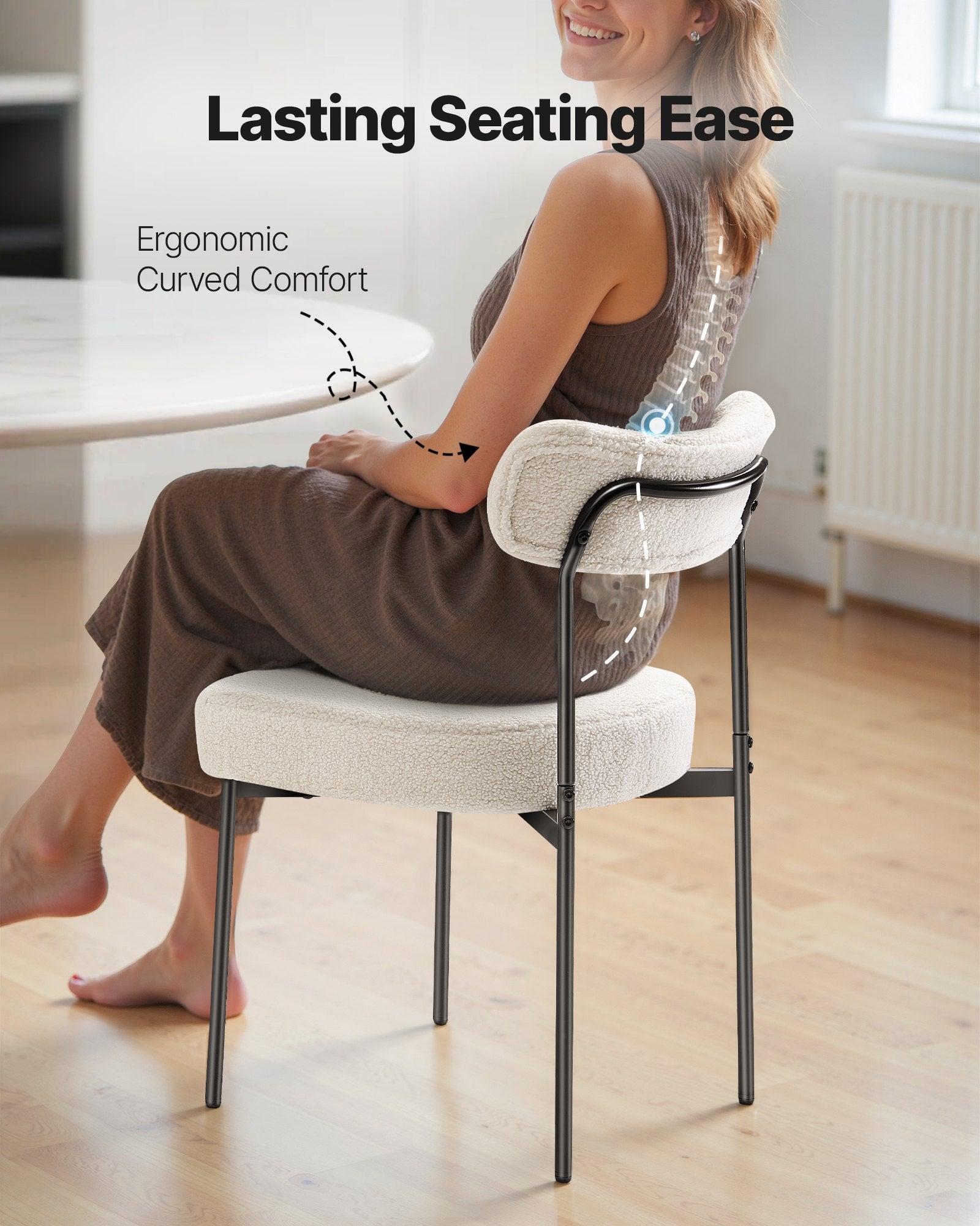 Set Of 2 Boucle Dining Chairs Modern Kitchen Chair Curved Backrest Metal Legs