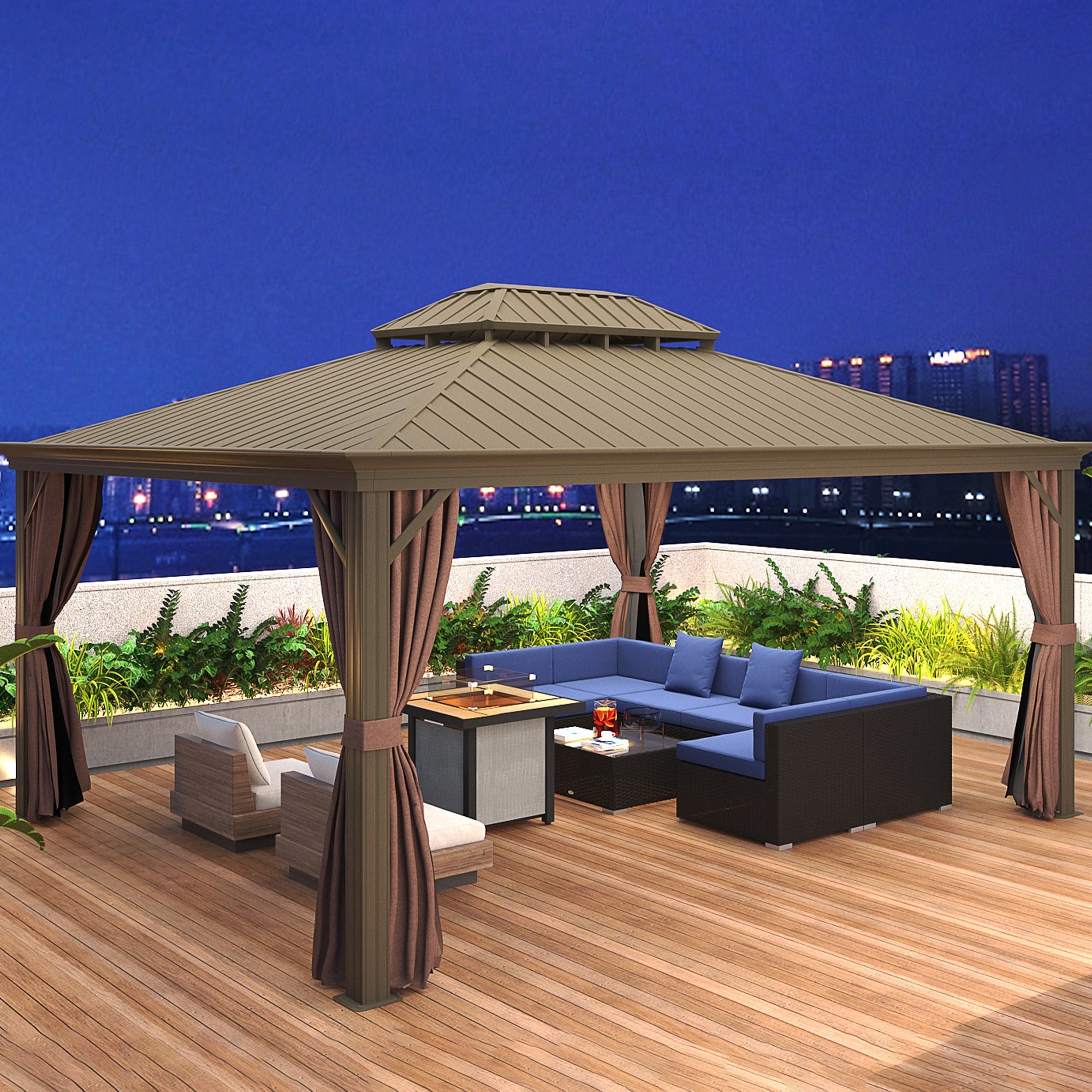 7-Piece Outdoor Rattan Patio Furniture Set with Ottoman & Glass Coffee Table – Dark Coffee Frame with Blue Cushions