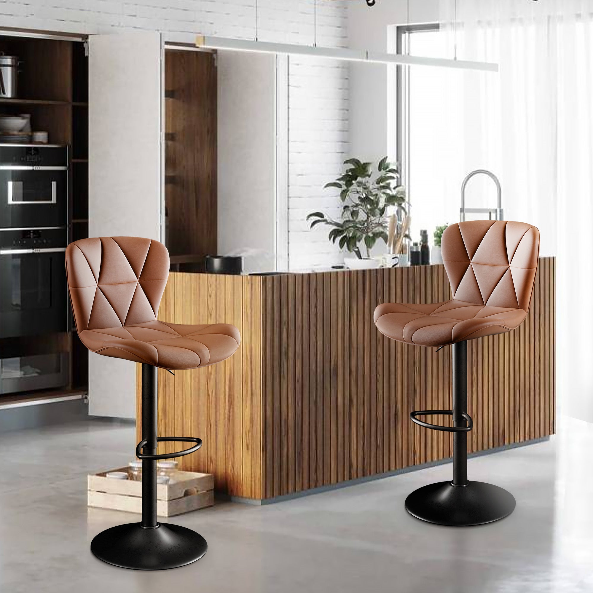 Modern Bar Stools Set Of 2, Adjustable Faux Leather Upholstered Swivel Bar Stools, Counter Height Bar Chairs With Back For Kitchen Island