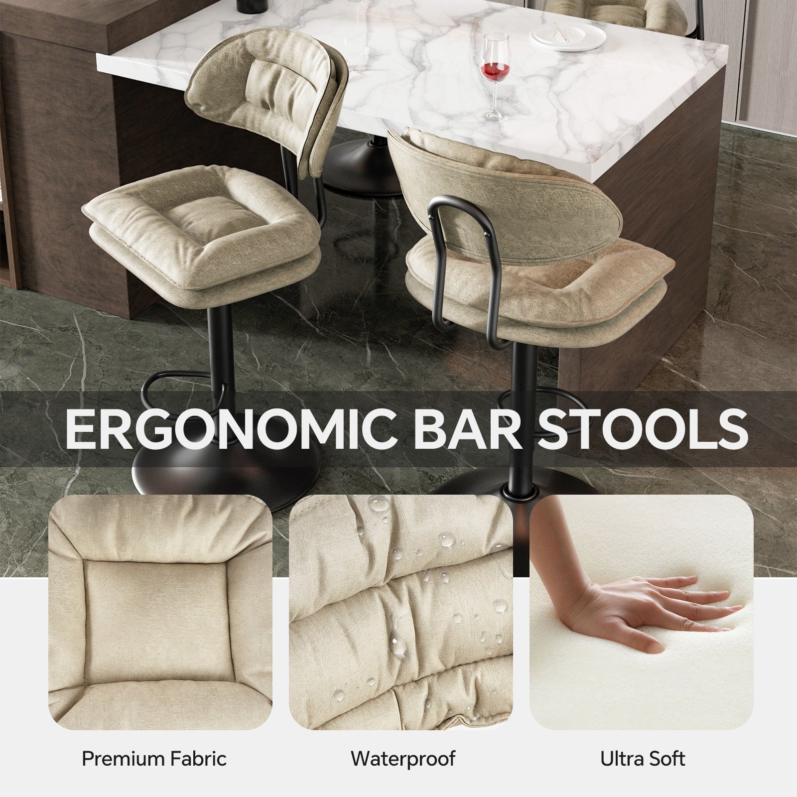 Modern Bar Stools Set Of 2, Double-Layer Adjustable Bar Stools With Back, Ergonomic Upholstered Fabric Swivel Barstools For Kitchen Island