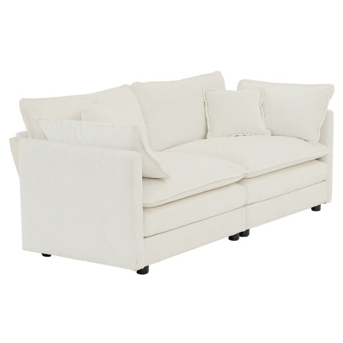 Modern Fabric Double Sofa with 4 Pillows, White Chenille Loveseat Sofa Couch