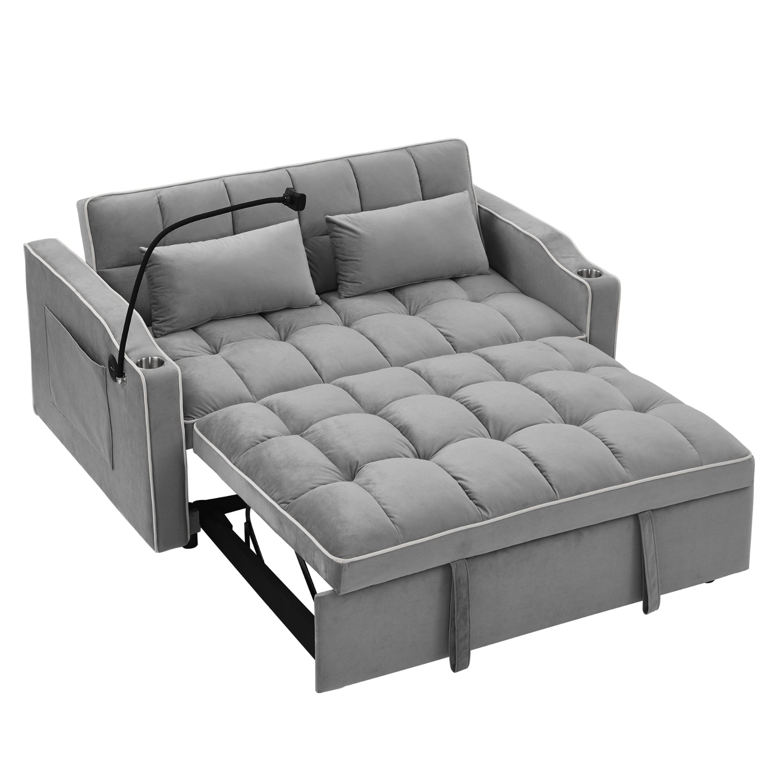 Grey Velvet Foldable Sofa Bed with Adjustable Back, USB & Pull-Out Design