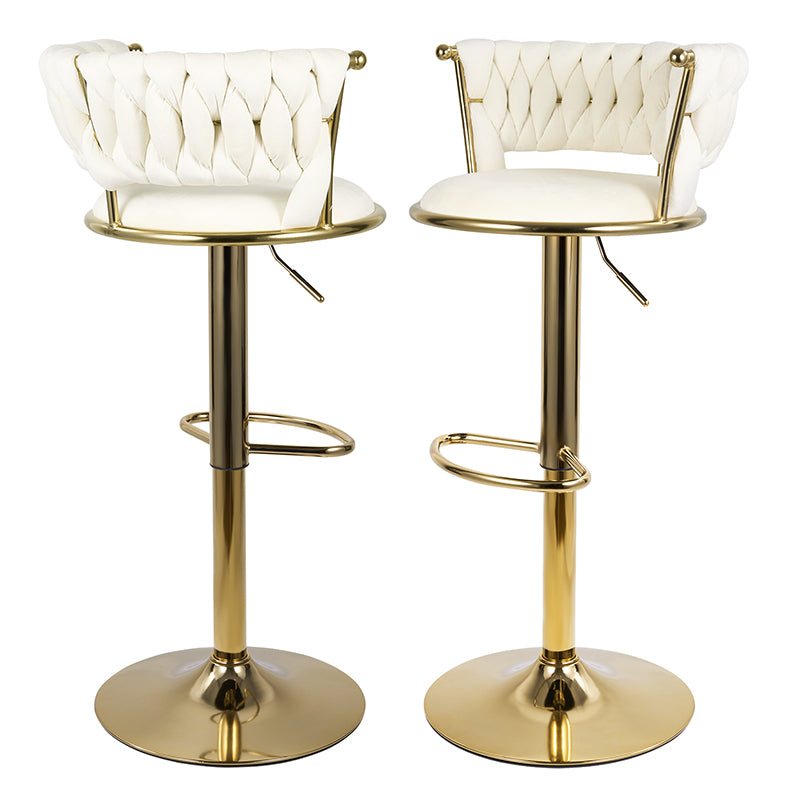Adjustable Bar Stools Set Of 2, Woven Velvet Bar Stools With Gold Metal & Lumbar Support, Upholstered Counter Height Bar Chairs