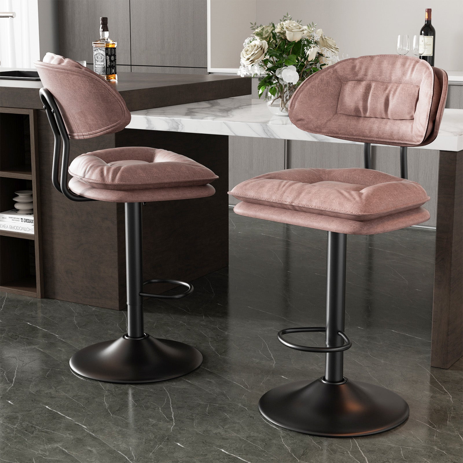 Modern Bar Stools Set Of 2, Double-Layer Adjustable Bar Stools With Back, Ergonomic Upholstered Fabric Swivel Barstools For Kitchen Island