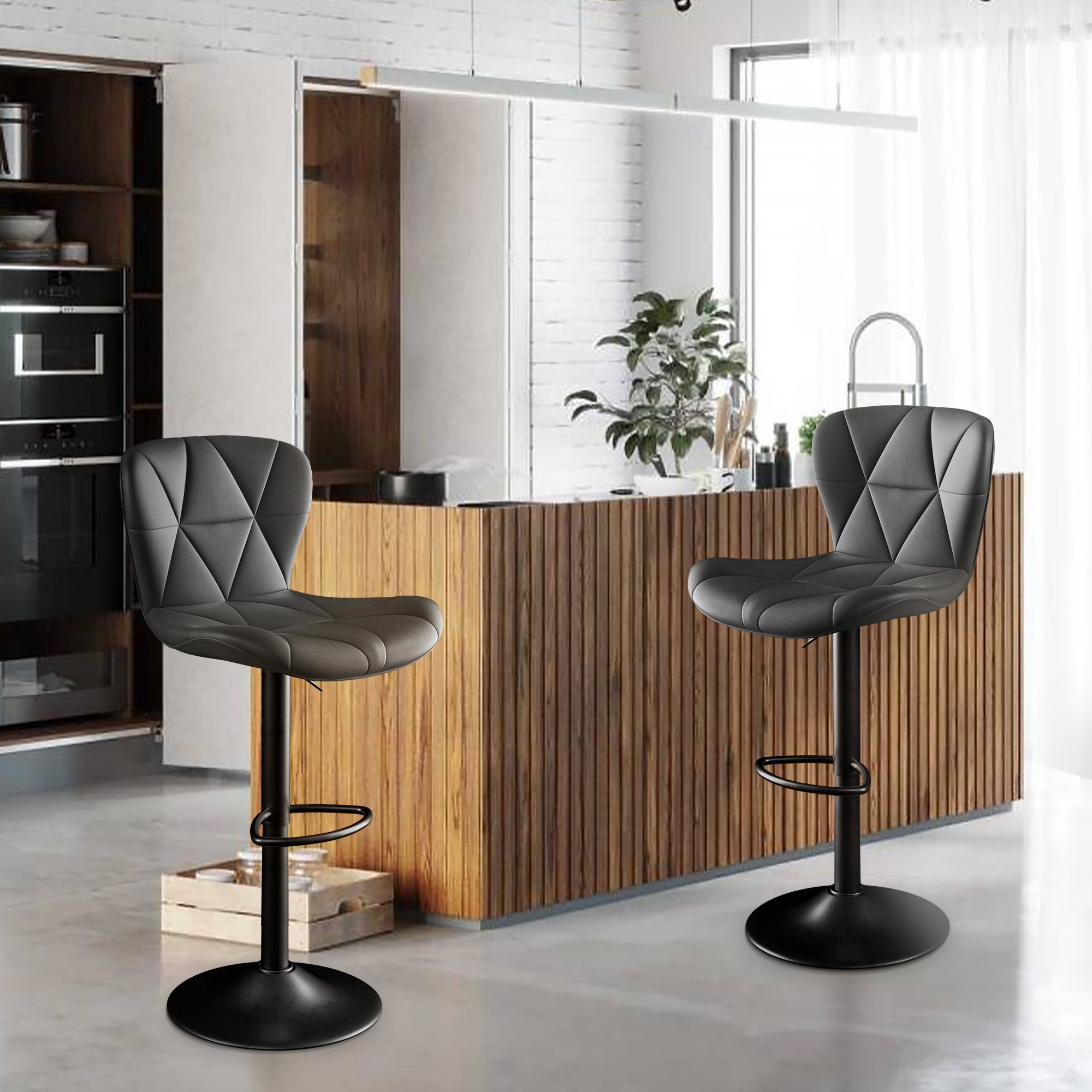 Modern Bar Stools Set Of 2, Adjustable Faux Leather Upholstered Swivel Bar Stools, Counter Height Bar Chairs With Back For Kitchen Island