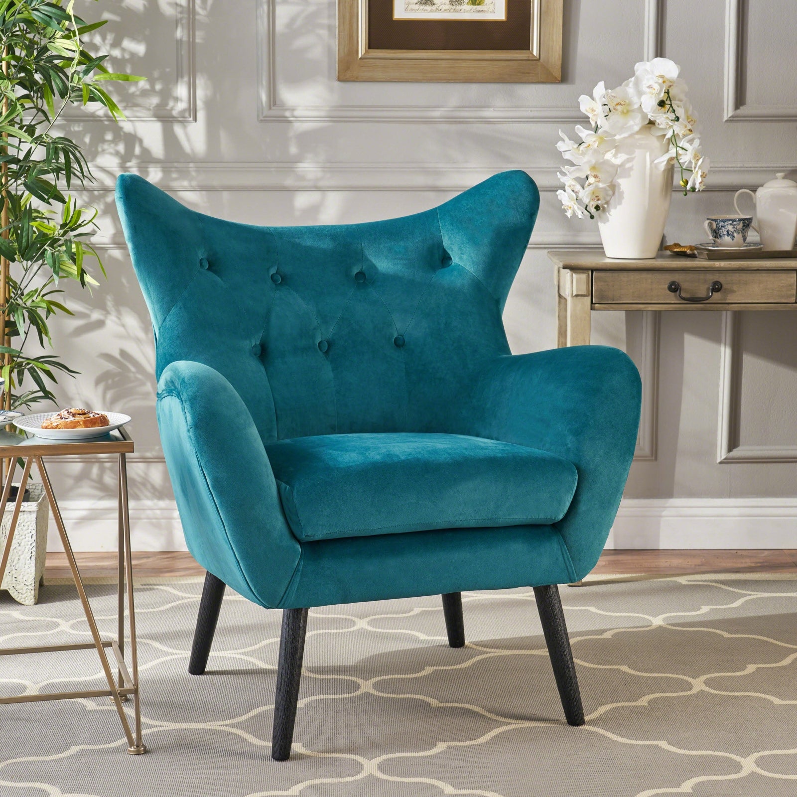 Teal Velvet Wingback Arm Chair with Tufted Mid-Century Design Upholstered