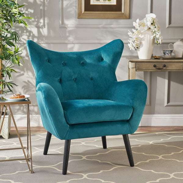 Teal Velvet Wingback Arm Chair with Tufted Mid-Century Design Upholstered