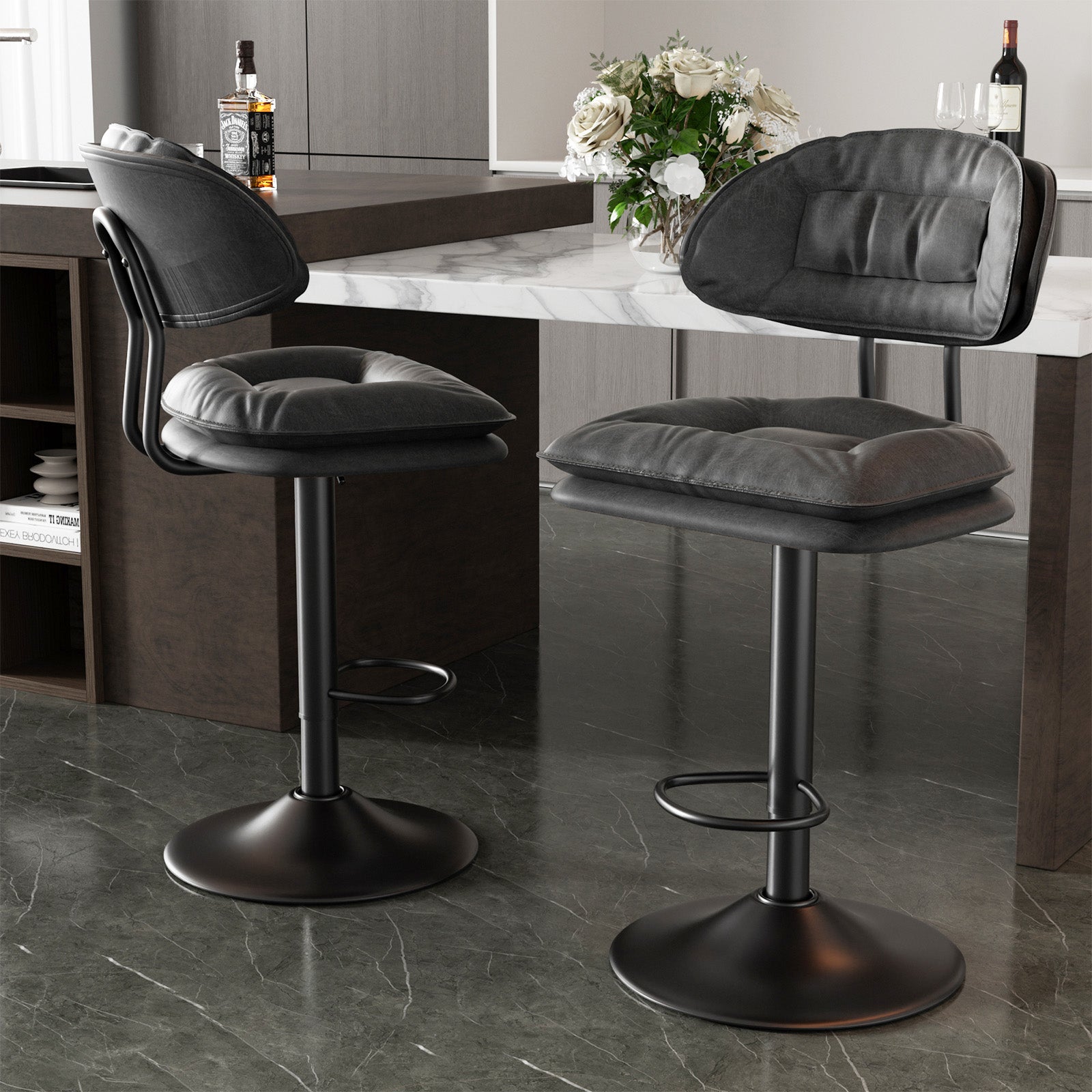 Modern Bar Stools Set Of 2, Double-Layer Adjustable Bar Stools With Back, Ergonomic Upholstered Fabric Swivel Barstools For Kitchen Island