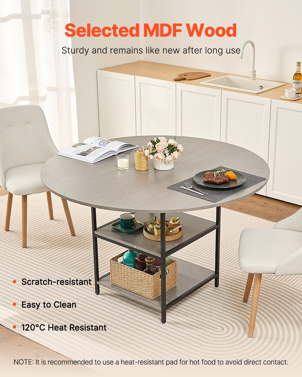 47 In Round Dining Table Wood Kitchen Table For 4-6 Person Grey (Only Table)