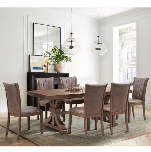 78.74″ Rectangular Rubberwood Dining Table for 6–8, Mid-Century Modern Trestle Base, Oak Finish