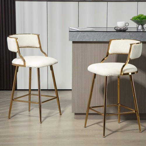 SET OF 2,26 Counter Height Bar Stools Corduroy Kitchen Island Counter Bar Stool With Back,golden Chromed Base And Footrest