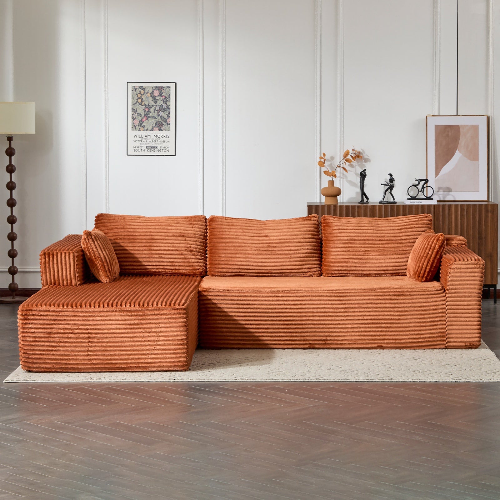 Brown Corduroy L-Shaped Modular Sectional Sofa with Chaise & Deep Seat
