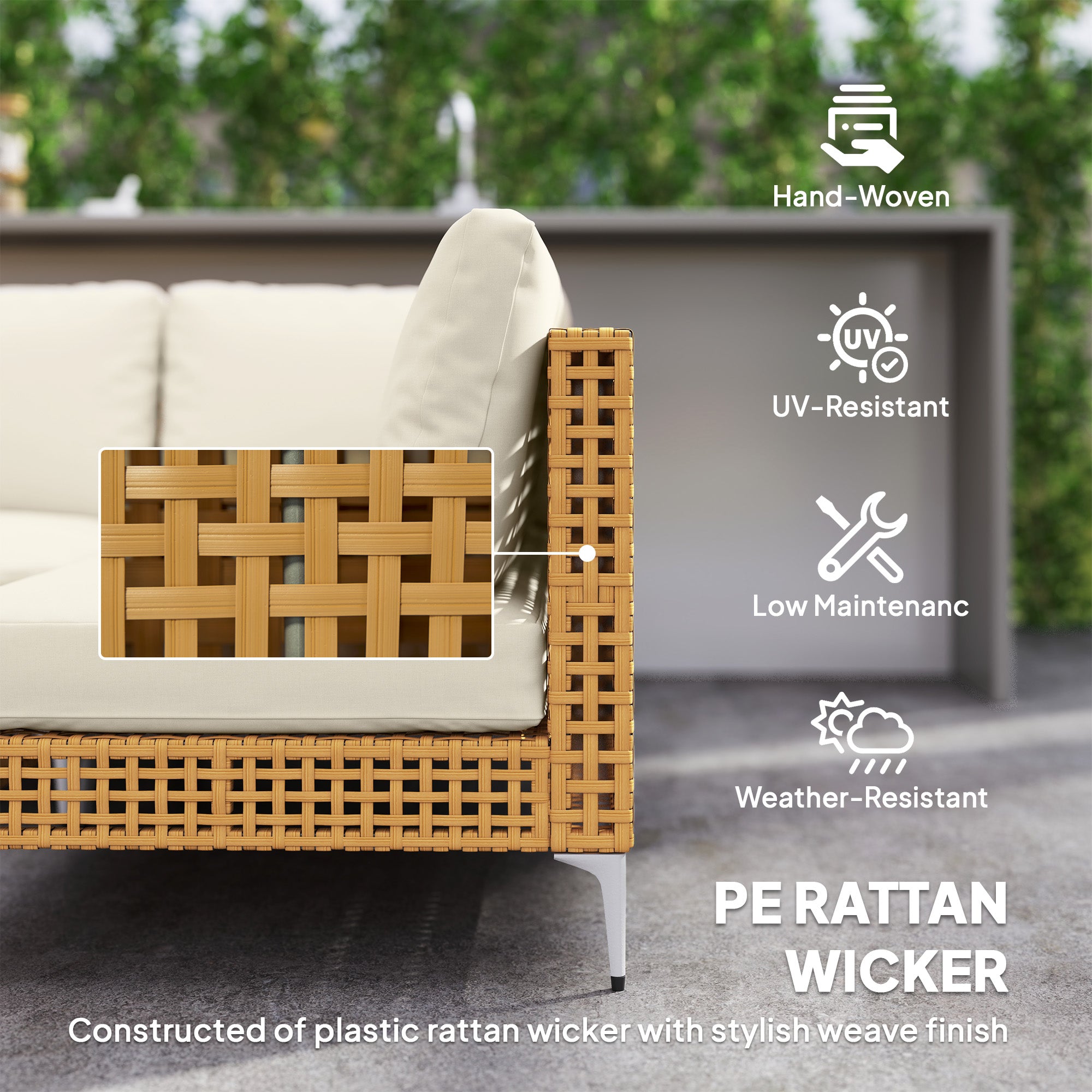 7 Piece Wicker Patio Furniture Set with Modular Sectional, Acacia Wood Table & Thick Cushions