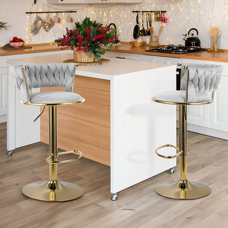 Adjustable Bar Stools Set Of 2, Woven Velvet Bar Stools With Gold Metal & Lumbar Support, Upholstered Counter Height Bar Chairs