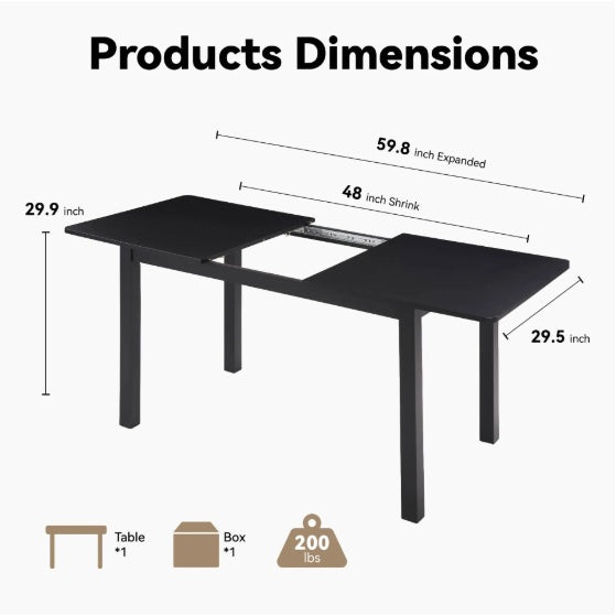 Extendable Dining Table 59″ (150 cm) for 4–8, Modern Wooden Table for Small Spaces, Black Finish