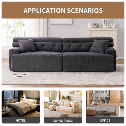 Gray 4-Seater Compression Sofa with Wood Grain Chenille & 2 Pillows