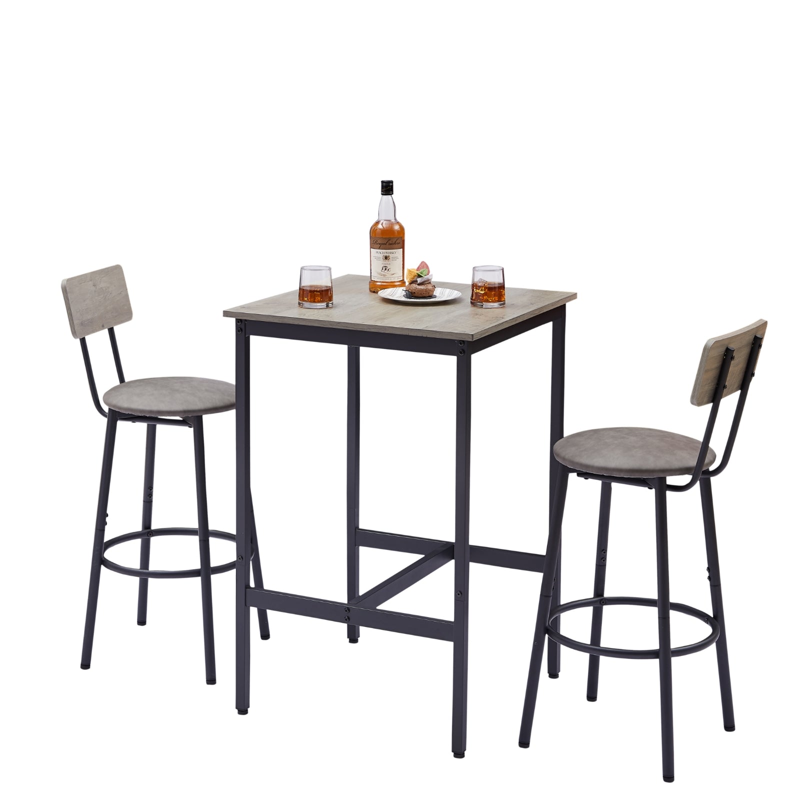 Bar Table Set With 2 Stools, PU Soft Seat & Backrest, Grey, 23.62 W X 35.4 H