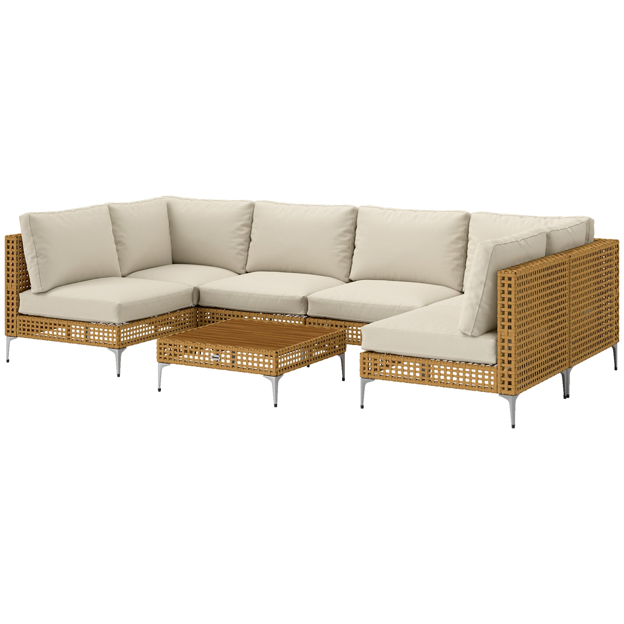 7 Piece Wicker Patio Furniture Set with Modular Sectional, Acacia Wood Table & Thick Cushions