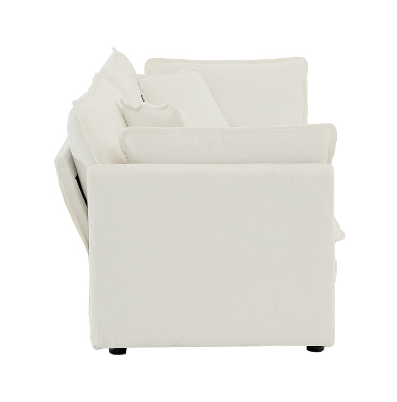 Modern Fabric Double Sofa with 4 Pillows, White Chenille Loveseat Sofa Couch
