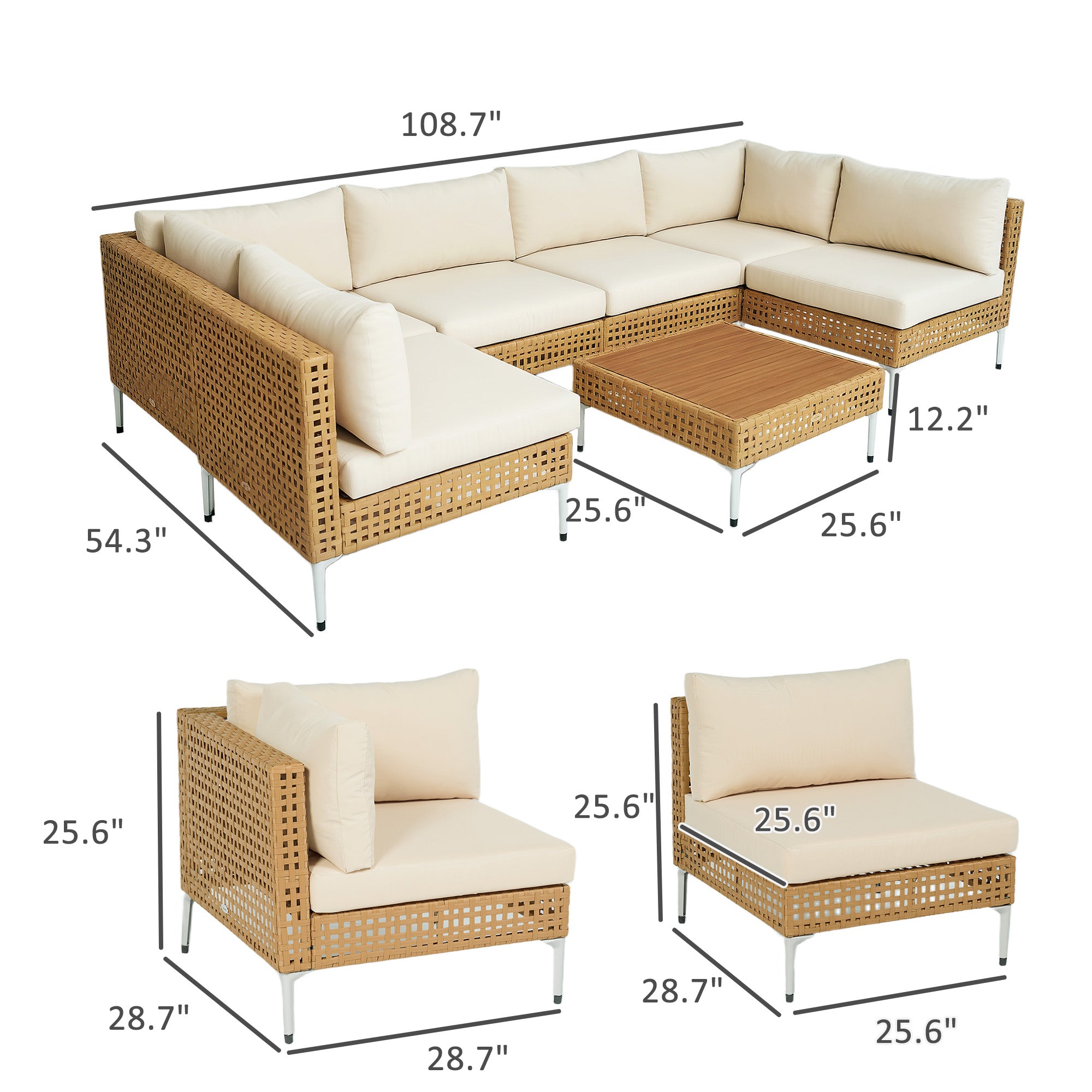 7 Piece Wicker Patio Furniture Set with Modular Sectional, Acacia Wood Table & Thick Cushions