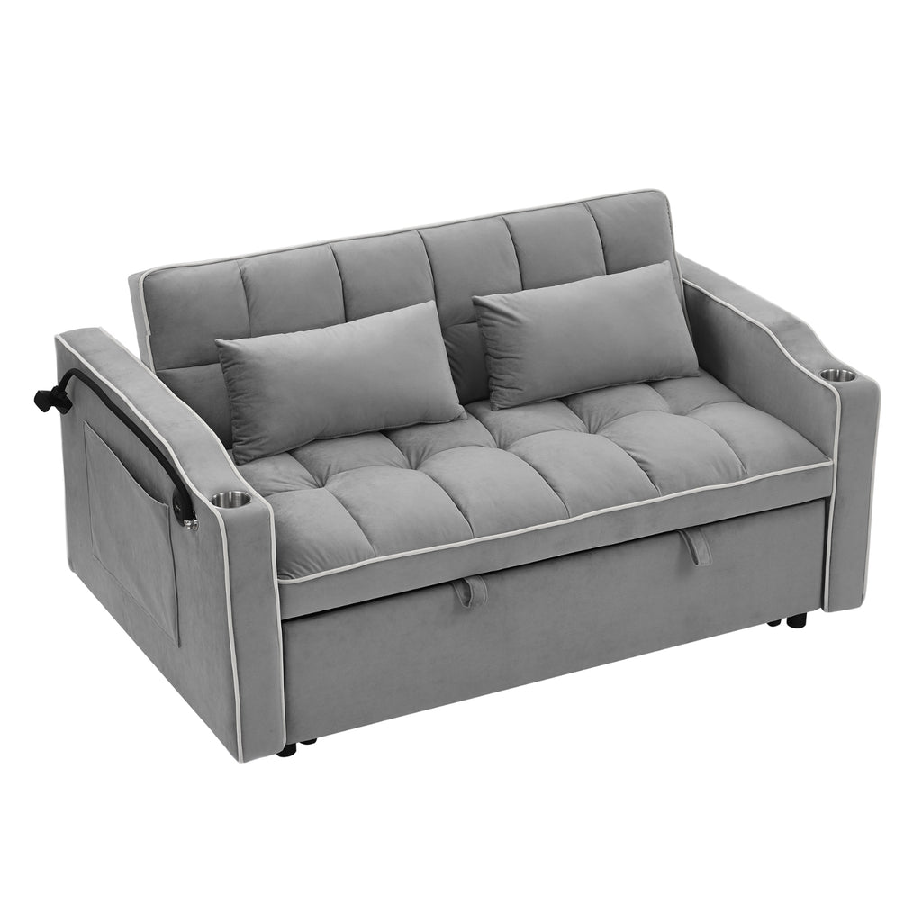 Grey Velvet Foldable Sofa Bed with Adjustable Back, USB & Pull-Out Design