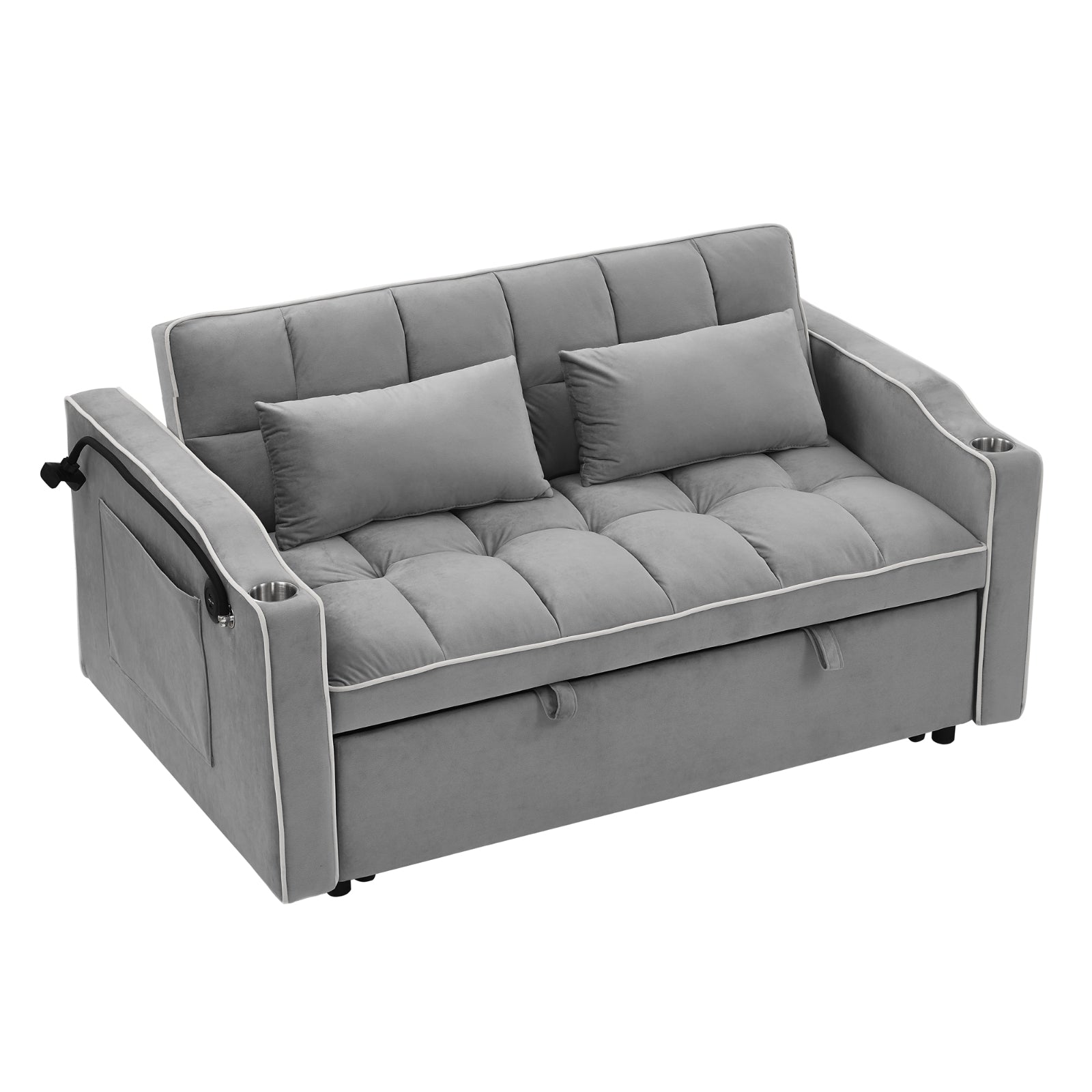 Grey Velvet Foldable Sofa Bed with Adjustable Back, USB & Pull-Out Design