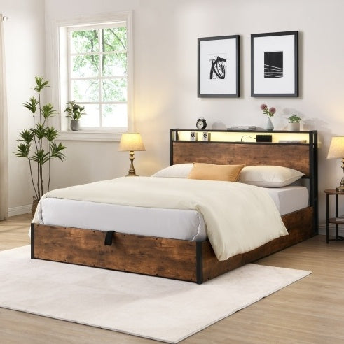 Wooden Platform Bed Frame With Lifting And Charging Station