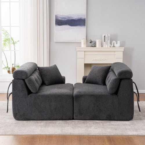 Gray 4-Seater Compression Sofa with Wood Grain Chenille & 2 Pillows