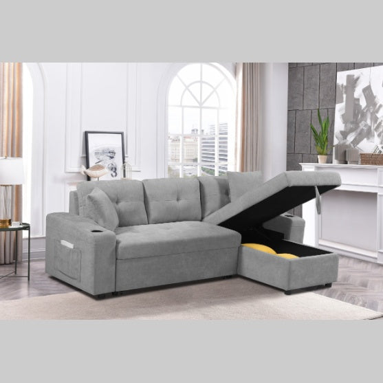Light Grey Convertible Sectional Sofa with Armrest Storage & Pull-Out Bed