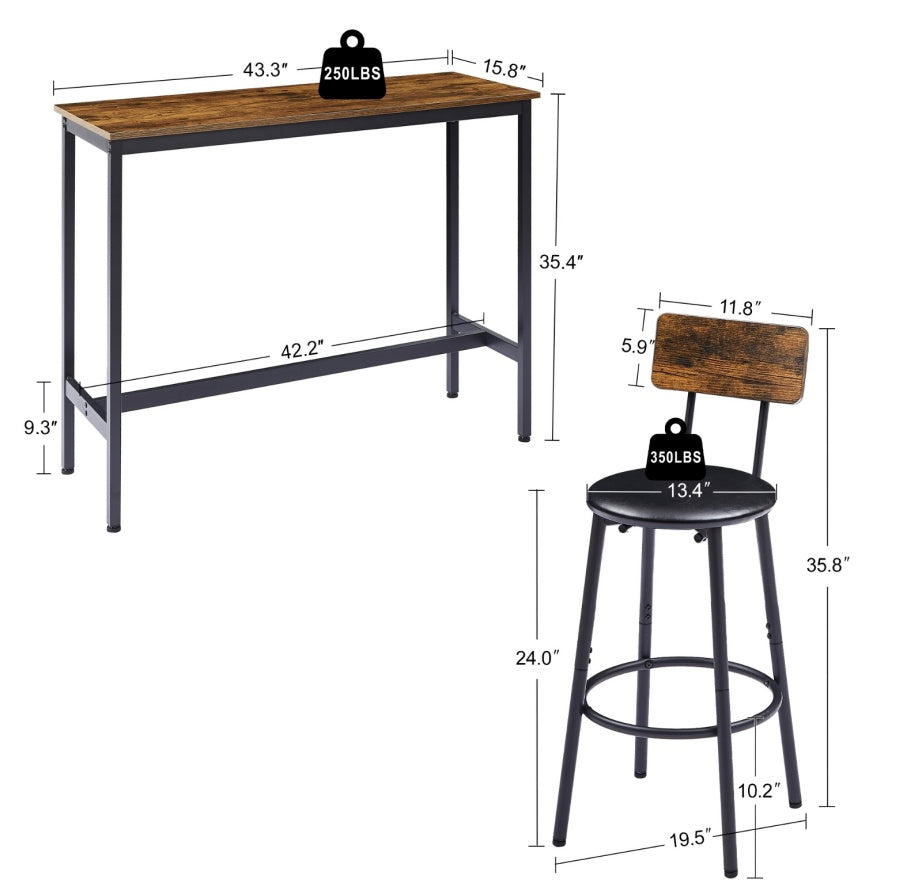 Bar Table Set With 2 Stools, PU Soft Seat, Rustic Brown, 43.3L X 15.75W X 35H
