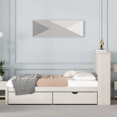 Modern Twin Size Bed Frame With Built-in USB Port On Bookcase Headboard And 2 Drawers For White Washed Color